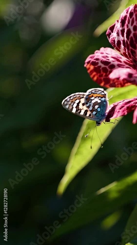 Close-Up A butterfly perched delicately on a blooming flower in a sun-drenched garden, surrounded by vibrant petals. Vertical video backgrounds
