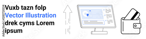 Credit card in wallet, desktop computer displaying financial data, upward arrow signifying growth. Ideal for finance, banking, e-commerce, investment, technology security digital marketing. Landing