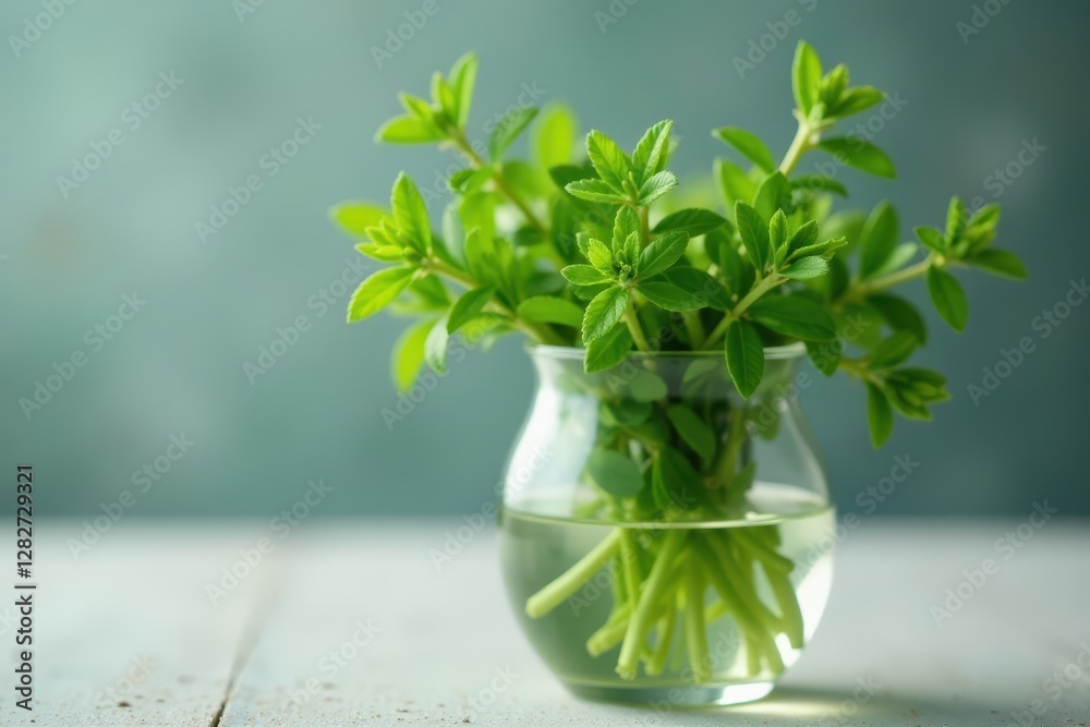 Close-up of delicate thyme leaves in a glass vase , glass, green Close-up of delicate thyme leaves in a glass vase , glass, green