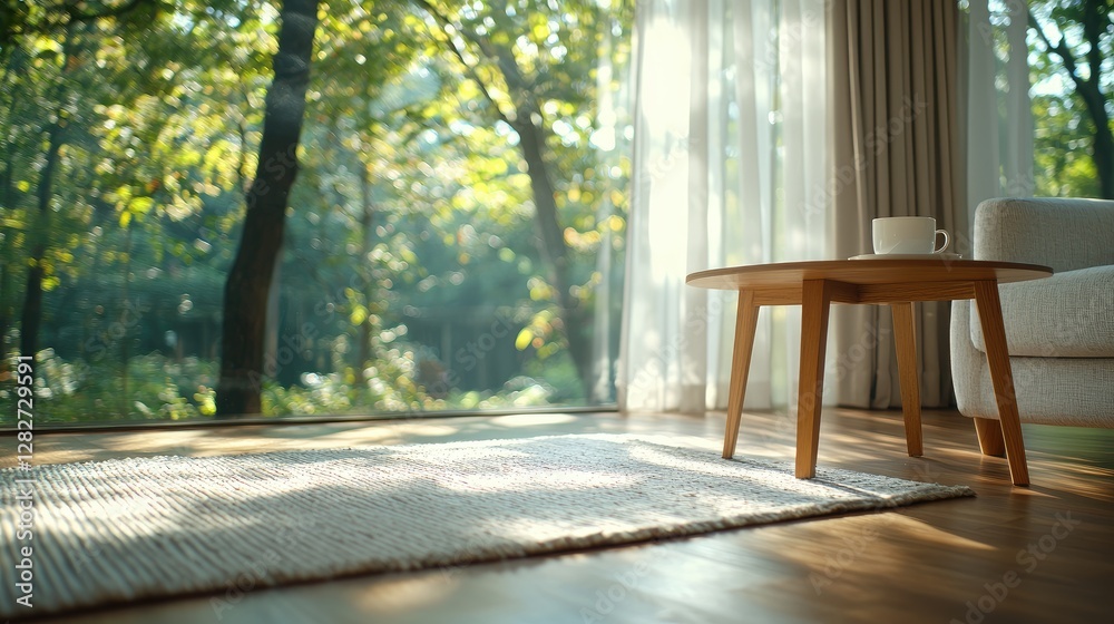 Morning sun through forest view, coffee on side table, modern living room Morning sun through forest view, coffee on side table, modern living room