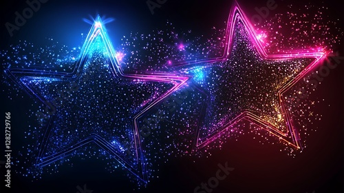 Two Neon Stars Glowing Brightly With Sparkling Dust