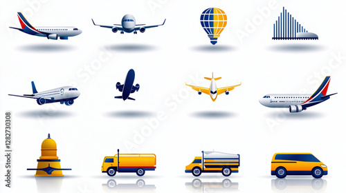 Transportation icons set with various vehicles including airplane bus train car truck ship and helicopter in a simple vector illustration