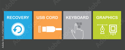 Colorful laptop device square icon labels set design elements on dark gray background