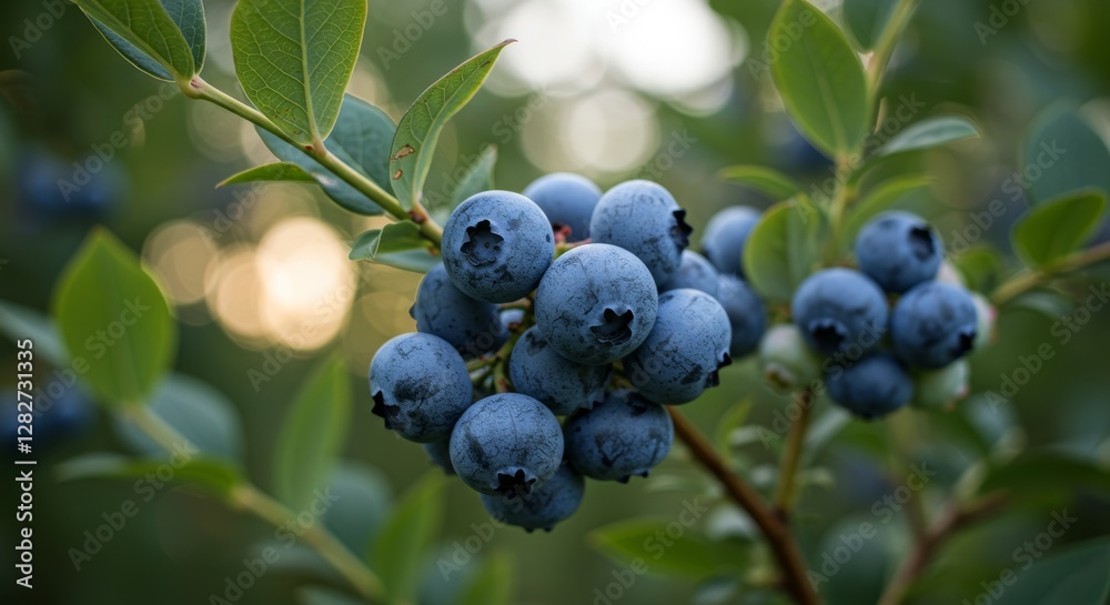 Abundant blueberry harvest awaiting collection from the leafy branches
