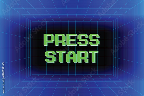 PRESS START. pixel art .8 bit game. retro game. for game assets .Retro Futurism Sci-Fi Background. glowing neon grid. and stars from vintage arcade computer games