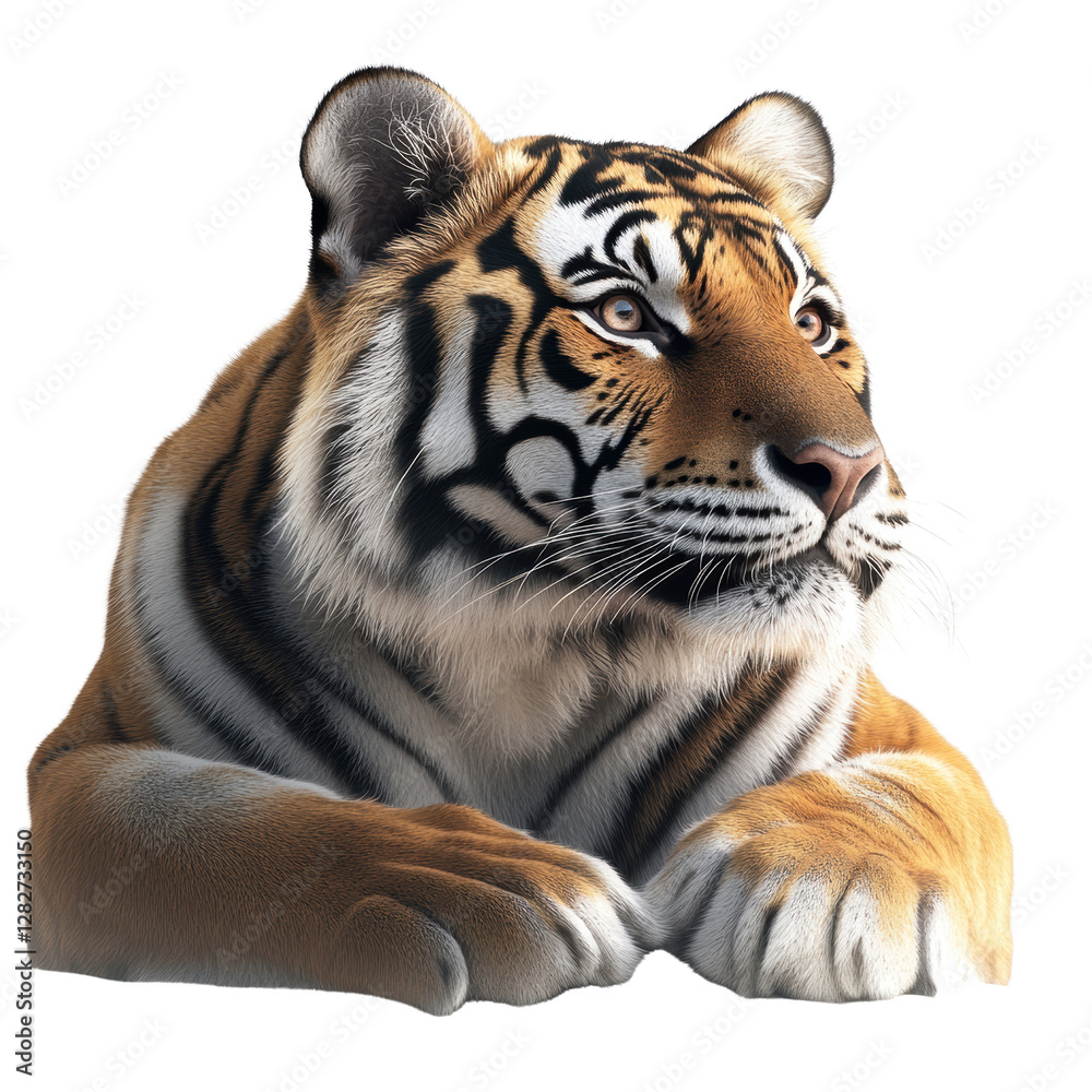 Obraz premium Tiger resting on the ground in a natural habitat with greenery and soft lighting on white background , cut out.