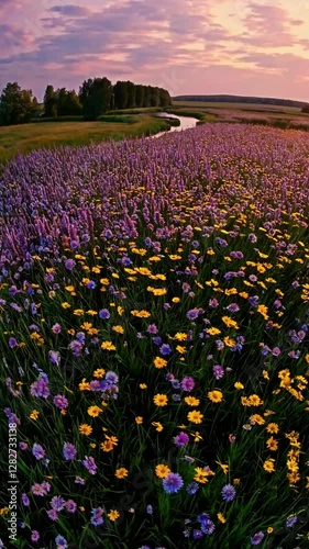 A meadow bursting with wildflowers, a stream glistening under a pastel sky. Golden-hour lighting. A tranquil, uplifting mood, evoking renewal and serenity. Vertical video backgrounds
