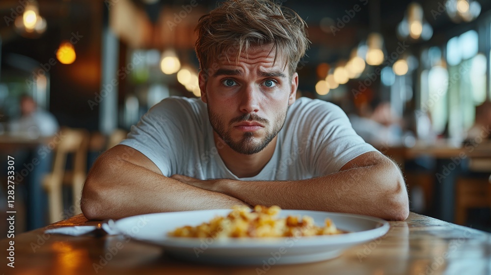 dissatisfied man in a restaurant sitting at a table with a plate of unappetizing food in front of him looking unhappy and displeased with bad taste and poor service experience dissatisfied man in a restaurant sitting at a table with a plate of unappetizing food in front of him looking unhappy and displeased with bad taste and poor service experience