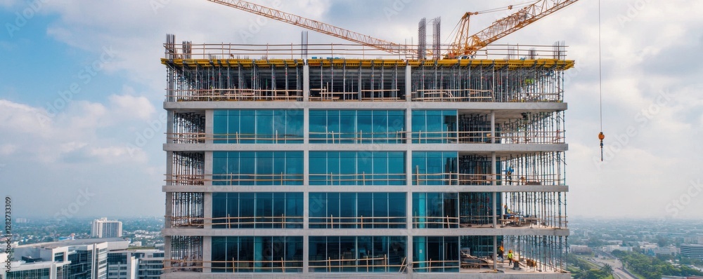 Urban Construction Site with Modern High-Rise Building Under Development and Cranes Above Urban Construction Site with Modern High-Rise Building Under Development and Cranes Above
