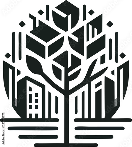 A modern, geometric vector logo combining urban buildings and a growing tree, symbolizing the balance between city life and nature. This minimalist and abstract design represents sustainability