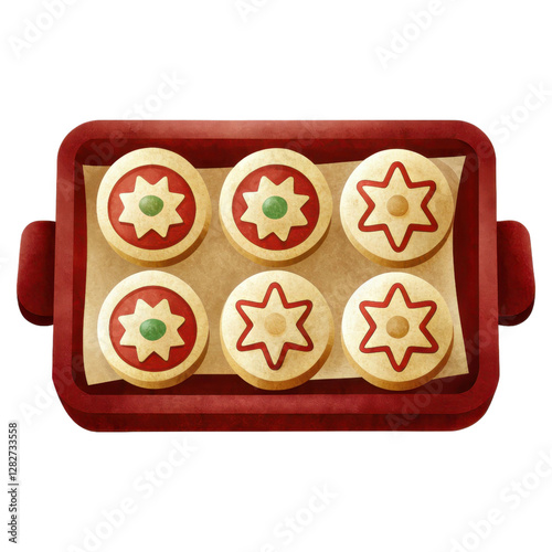 Festive Holiday Cookies on a Red Baking Sheet Transparent Background