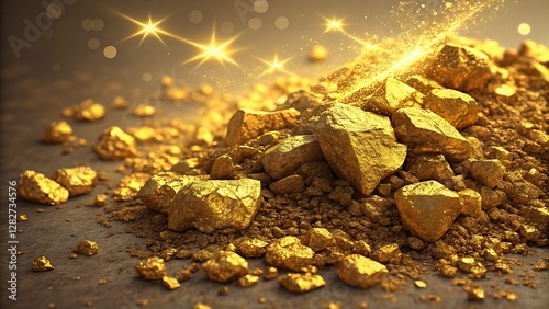 Crushed Gold Texture with an Uneven Surface and Shimmering Highlights eye-catching crushed gold texture showcasing an irregular, uneven surface that captures and reflects light from multiple angles.  photo