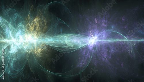 Abstract fractal art depicting swirling teal, purple, and gold energy streams. Perfect for backgrounds, websites, or design projects needing a vibrant, cosmic aesthetic.