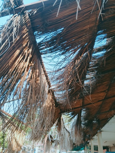 A thatched roof, once strong and protective, now shows signs of time and decay. The dried grass, once tightly woven, is frayed and worn, with gaps letting light and rain seep through. The faded colors