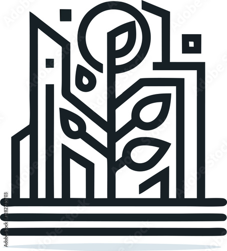 A modern, minimalist line art logo representing the harmony between urban development and nature. The design features buildings integrated with a growing plant, symbolizing sustainability