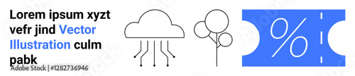 Cloud emitting data lines, two outlined trees, and a blue discount voucher with a percentage symbol. Ideal for nature, discounts, technology, data flow, marketing, sustainability abstract line flat