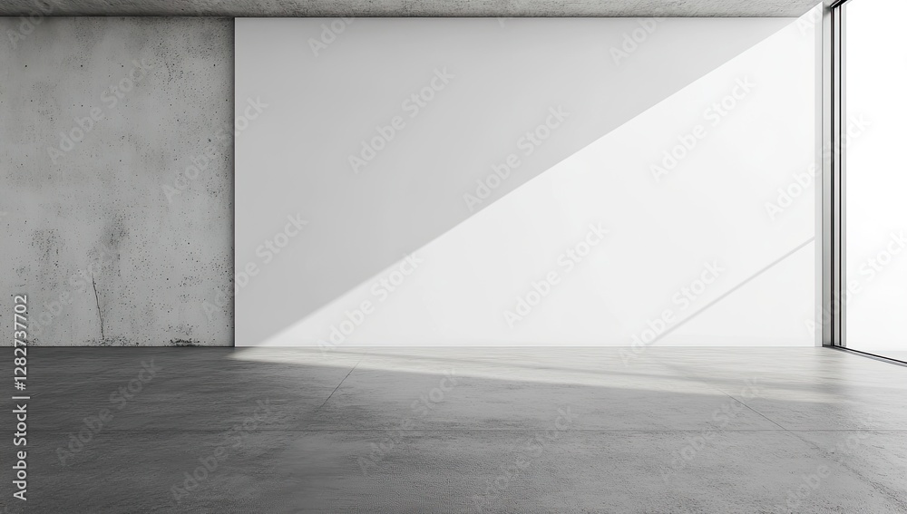 Modern concrete room, sunlight, empty wall, large window, interior design Modern concrete room, sunlight, empty wall, large window, interior design