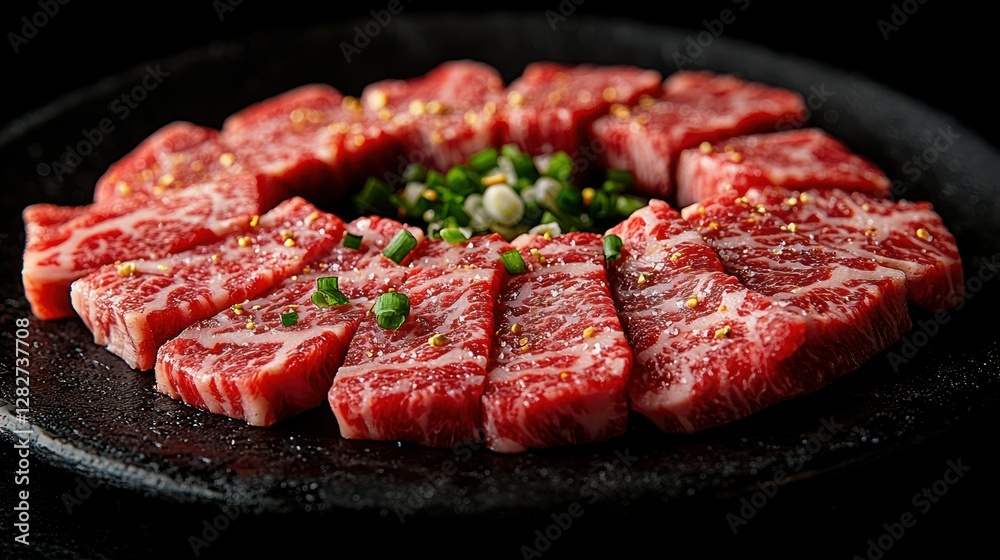 Close-up of raw beef slices arranged in a circle on plate, ready for cooking Close-up of raw beef slices arranged in a circle on plate, ready for cooking
