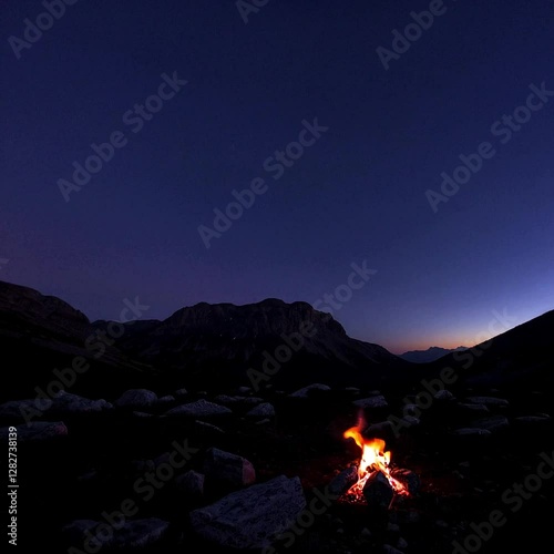 Wide shot of stars emerging over the mountain, the sky shifting from indigo to midnight blue, as a lone campfire flickers, radiating warmth.
