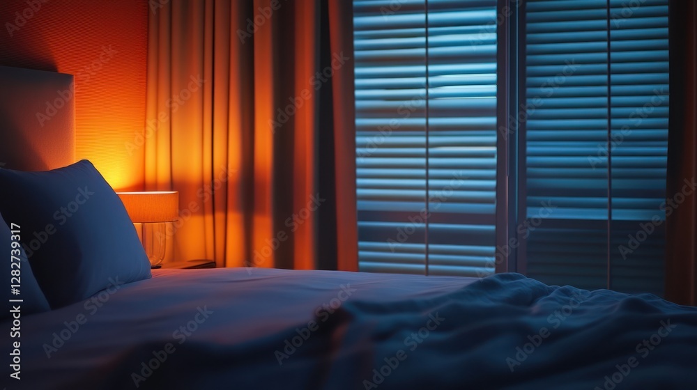 Naklejka premium Cozy bedroom at dusk with soft lighting, curtains drawn, and a calm ambiance inviting relaxation