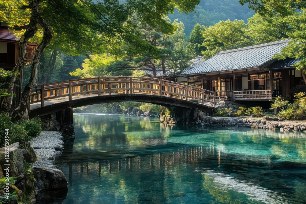 A charming bridge over a crystal-clear river, connecting traditional Japanese ryokan accommodations in Gunma’s Shima Onsen. A charming bridge over a crystal-clear river, connecting traditional Japanese ryokan accommodations in Gunma’s Shima Onsen.