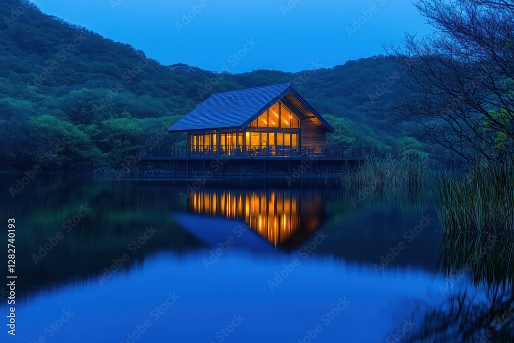 Serene lakeside cabin illuminated at dusk, surrounded by lush hills and calm water reflections Serene lakeside cabin illuminated at dusk, surrounded by lush hills and calm water reflections