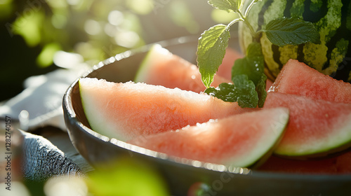Summer Refreshment: Slices of juicy watermelon on a rustic platter, garnished with fresh mint leaves, invite the viewer to indulge in the simple pleasures of a sunny day. A refreshing, healthy treat.