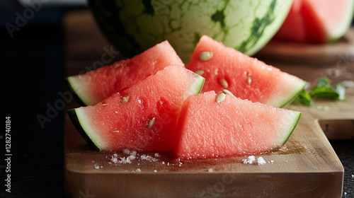 Watermelon Refreshment: Sliced watermelons, showcasing their vibrant red flesh, are artfully arranged on a rustic wooden board, capturing the essence of summer's sweetness and refreshment.
