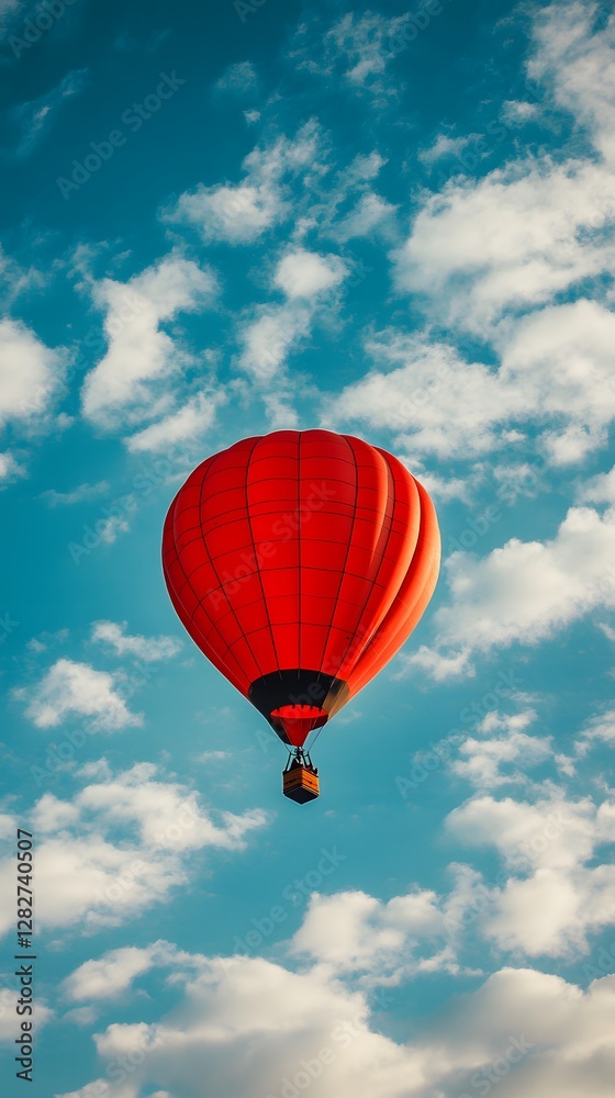 Vibrant red hot air balloon floats gracefully in a blue sky with fluffy clouds. Vibrant red hot air balloon floats gracefully in a blue sky with fluffy clouds.