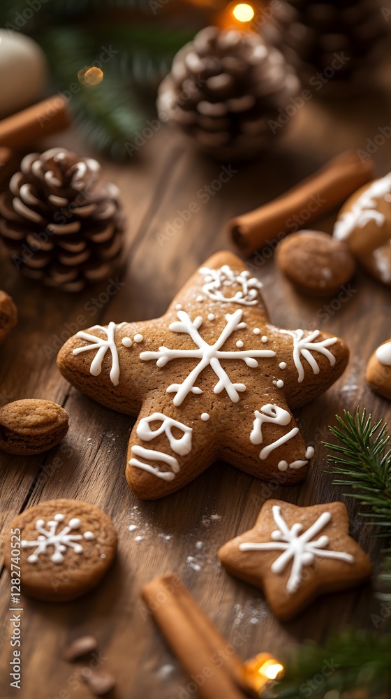 Beautifully decorated gingerbread snowflake cookie on a rustic wooden table. Beautifully decorated gingerbread snowflake cookie on a rustic wooden table.