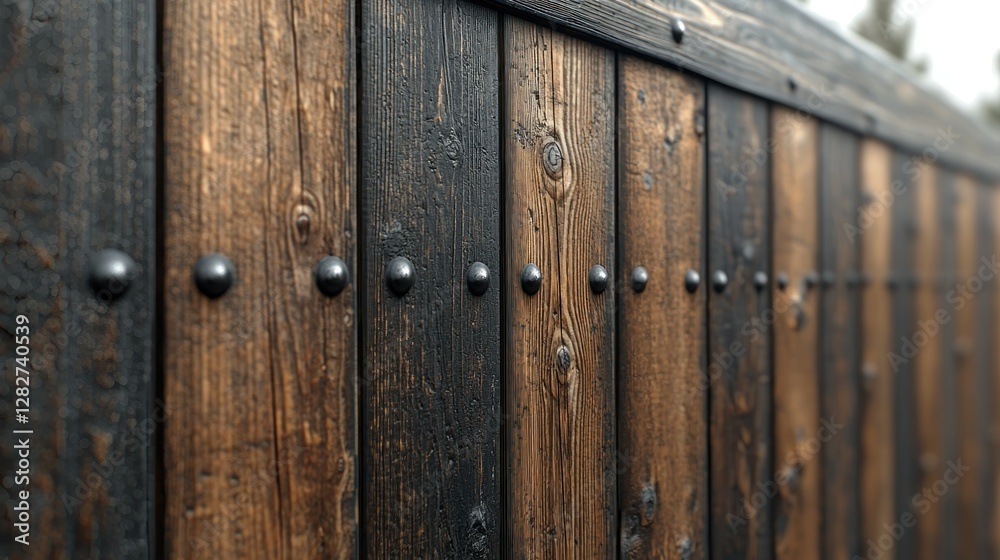 Close-up rustic wooden fence with black iron details, forest background; use texture Close-up rustic wooden fence with black iron details, forest background; use texture