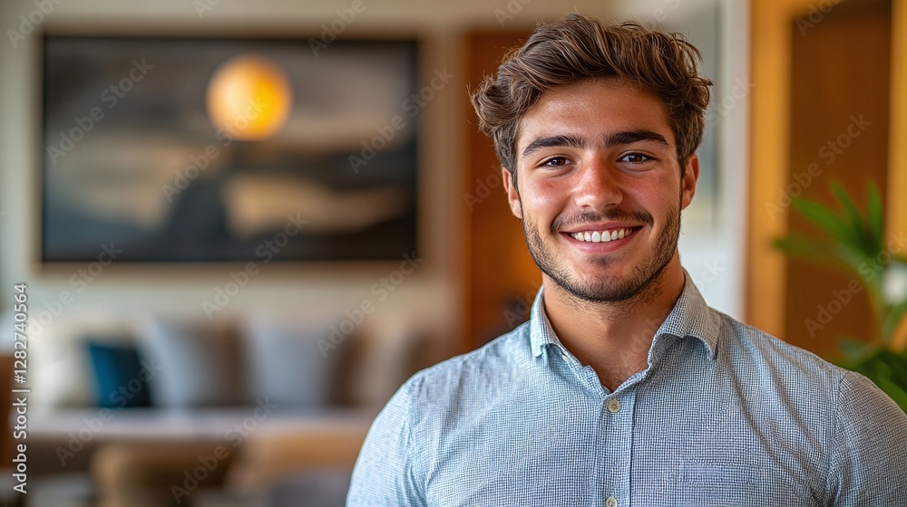 Naklejka premium real estate buyer and investor standing confidently in a stylish apartment interior after signing property agreement for relocation and successful homeownership in a new suburb