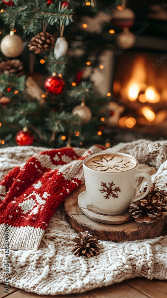 Cozy holiday setting with a festive drink, warm mittens, and a Christmas tree. Cozy holiday setting with a festive drink, warm mittens, and a Christmas tree.