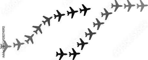 Translational Motion Airplane silhouettes arranged in a curved flight pattern against a pure white background.