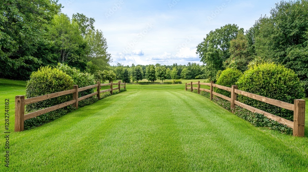 Lush Green Pathway with Wooden Fence Framed by Trees under Bright Blue Sky Lush Green Pathway with Wooden Fence Framed by Trees under Bright Blue Sky