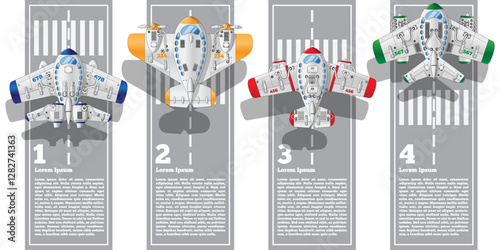 Set of passenger aircraft. Runways. Top view.The template for the presentation. Vector illustration. 