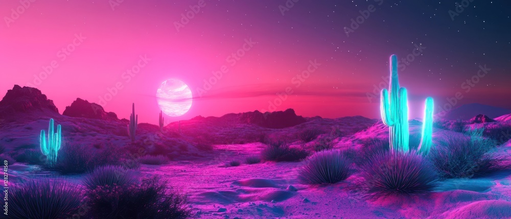 Vibrant sunset over a surreal desert landscape with glowing cacti and distant mountains Vibrant sunset over a surreal desert landscape with glowing cacti and distant mountains