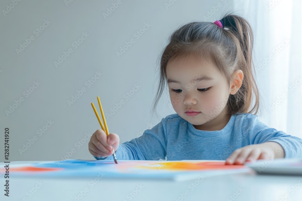 A focused toddler girl paints with vibrant colors, showcasing creativity and artistic expression. A focused toddler girl paints with vibrant colors, showcasing creativity and artistic expression.