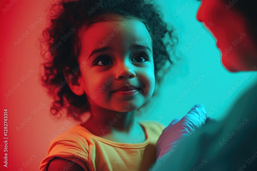 Obraz premium A young girl with curly hair looks up at an adult, bathed in vibrant red and teal lighting.