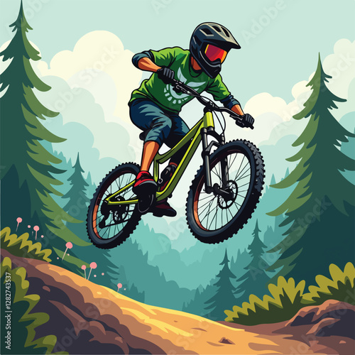 Mountain biking vector illustration, extreme cycling adventure graphic design.