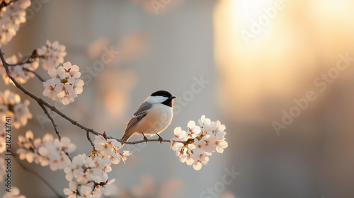 Serene Songbird Amongst Cherry Blossoms: A charming songbird perches gracefully on a branch adorned with delicate cherry blossoms, bathed in the soft glow of the morning sun.