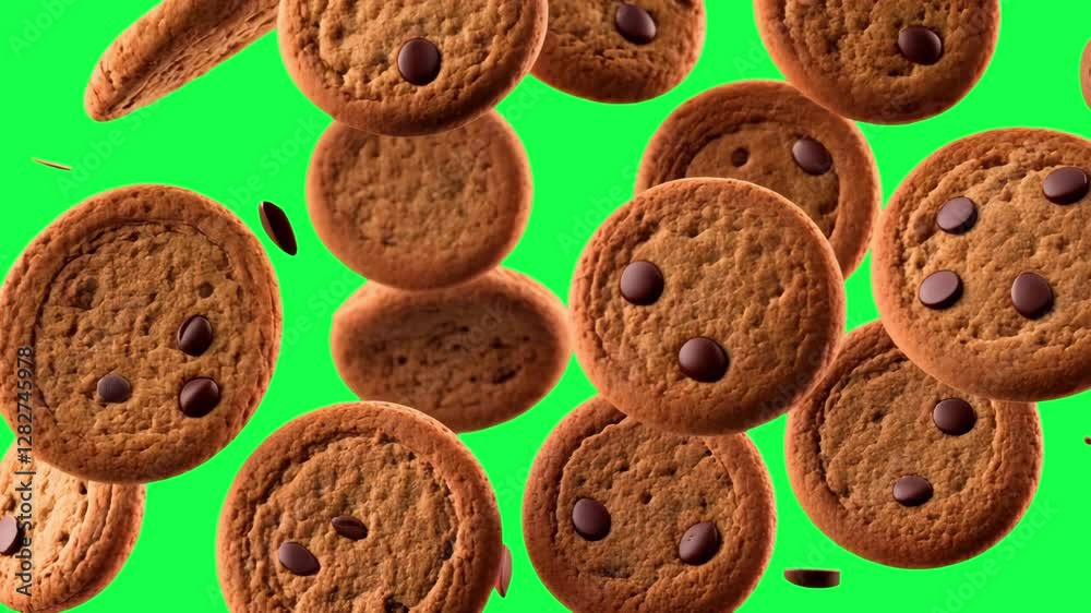 Floating chocolate chip cookies delight transparent 4K video, green screen