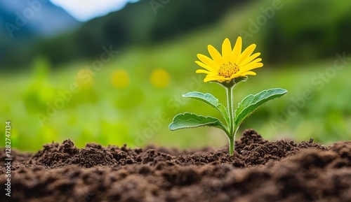 Yellow Flower Sprout in Soil, Mountain View