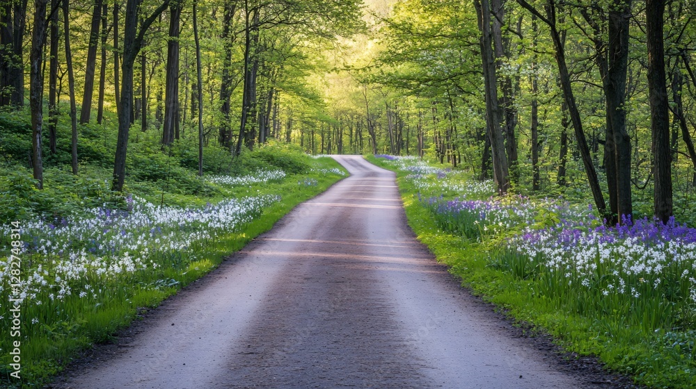 Serene Country Road Lined with Spring Blossoms in a Lush Forest