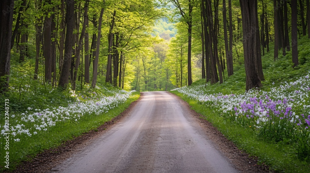 Serene Spring Country Road Lined with Wildflowers Serene Spring Country Road Lined with Wildflowers