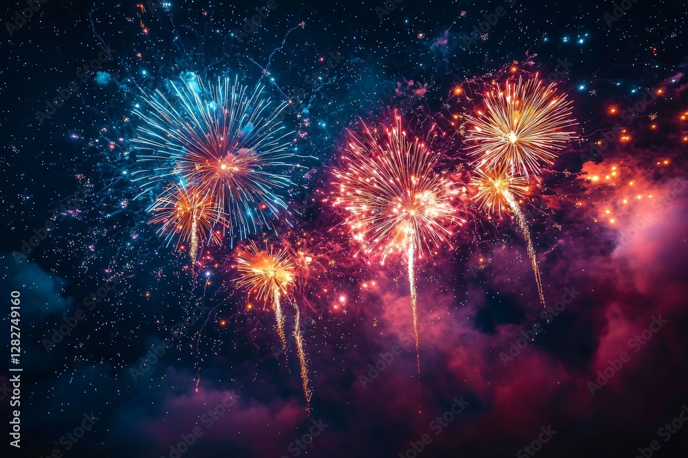 Vibrant fireworks explode in night sky. Festive background for celebrations, holidays, events. Use for graphic design, invitations, banners. Copy space. Vibrant fireworks explode in night sky. Festive background for celebrations, holidays, events. Use for graphic design, invitations, banners. Copy space.