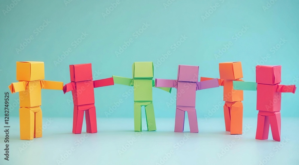 Obraz premium Colorful Paper Robots Holding Hands: Teamwork, Unity, and Friendship Illustrated
