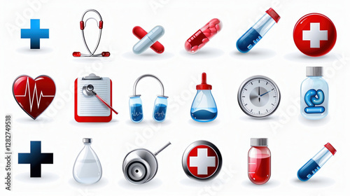 A vector icon set of healthcare, cartoon doctor and nurse with medical icons set