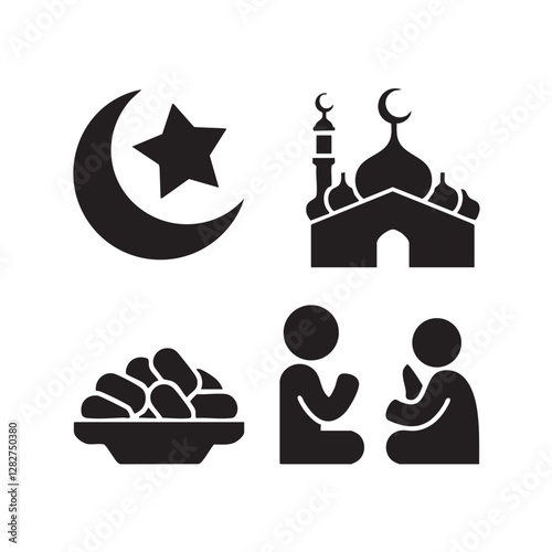 A vector illustration of a simple silhouette style Ramadan icon set, vector set of islamic icons