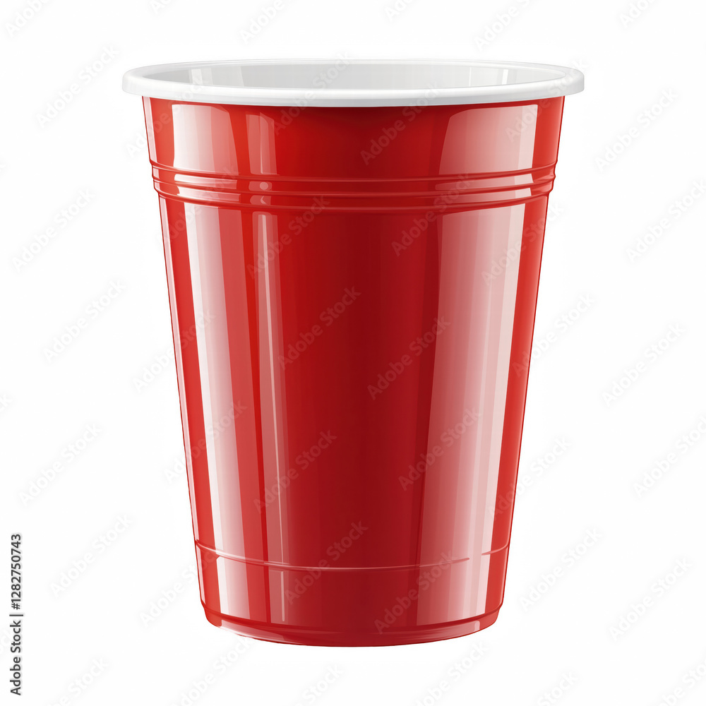 Realistic illustration of a bright red plastic cup with a white rim, isolated on transparent background.